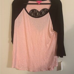 BETSEY JOHNSON Pajama Top Lace Heart Back Pink Raglan Sleeve Women’s